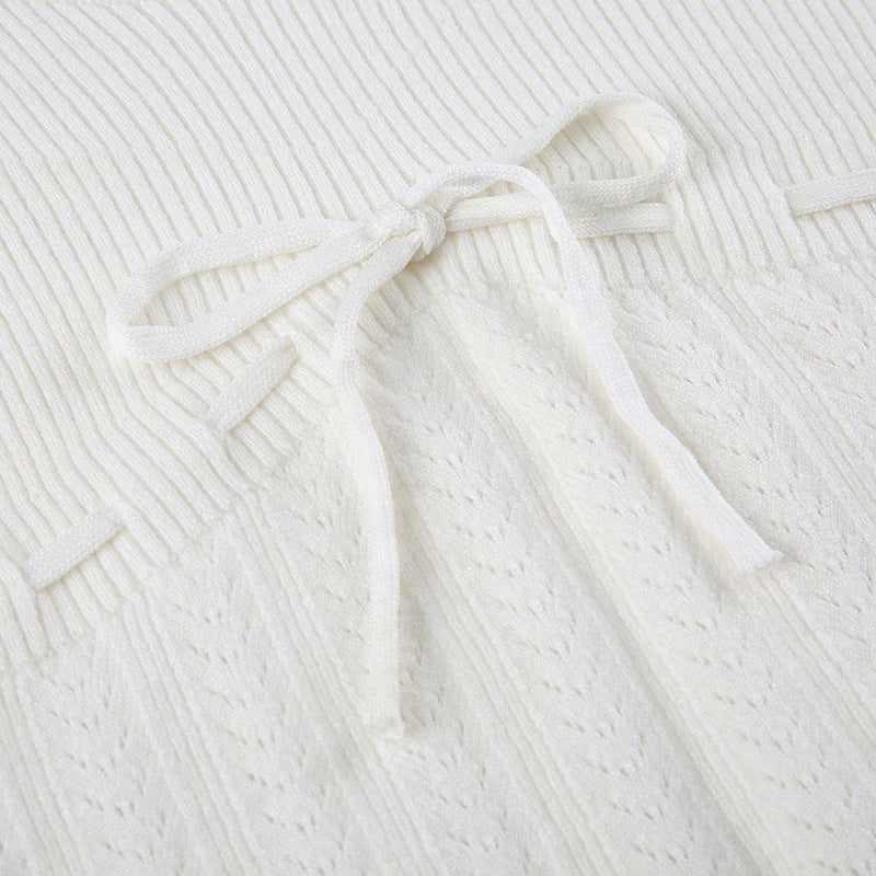 French girly bow tie crochet knit top
