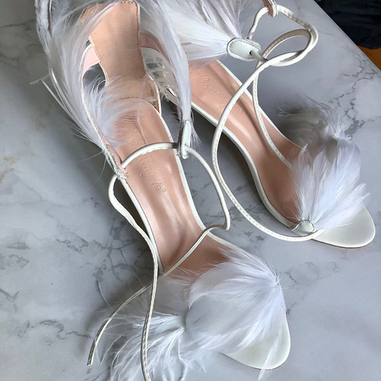 Feather stiletto heel hollow sexy strappy sandals
