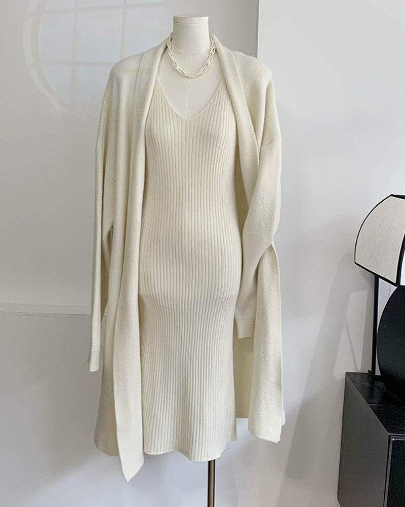 Knitted vest dress + long cardigan coat