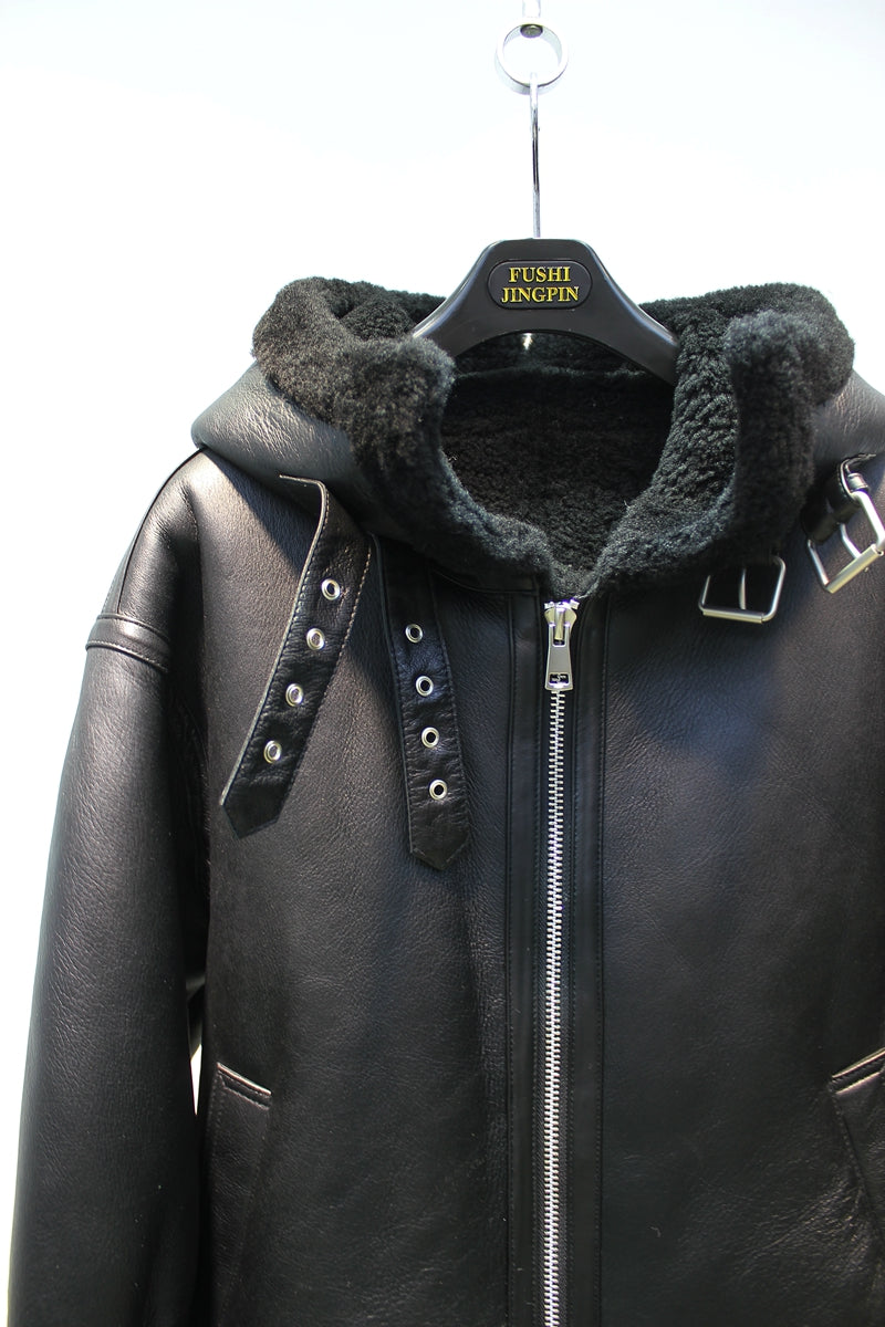Lmported sheepskin one-piece Korean style hooded flight suit jacket