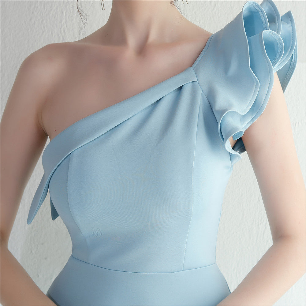 One-shoulder slope-neck ruffled dress