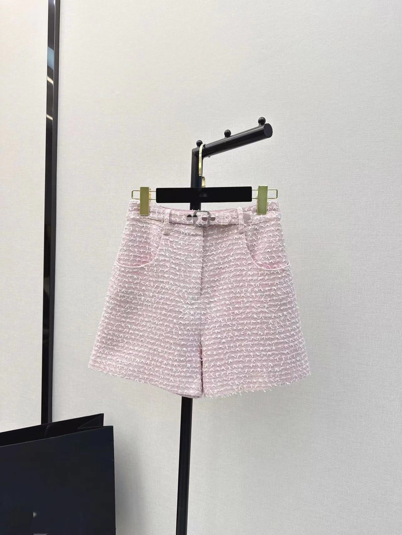 Tweed Lapel Double Pocket Tank Top High Waist Shorts Set