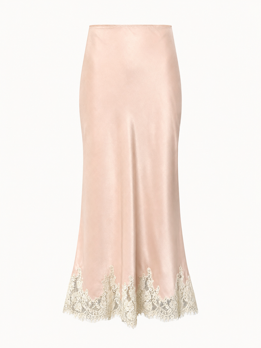 Camellia Silk Lace-Trim Midi Skirt - Mustard Yellow