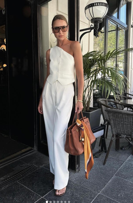 Korean style single-breasted off-shoulder top casual trousers suit
