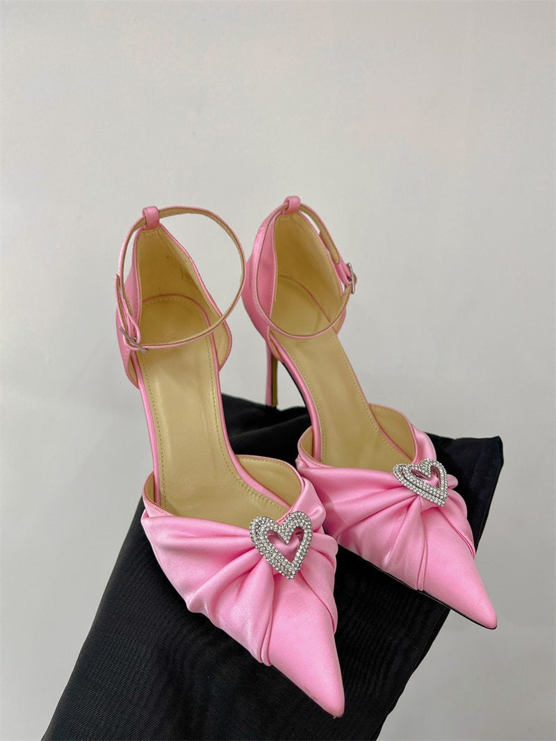Bow high heels, rhinestone heart strap sandals