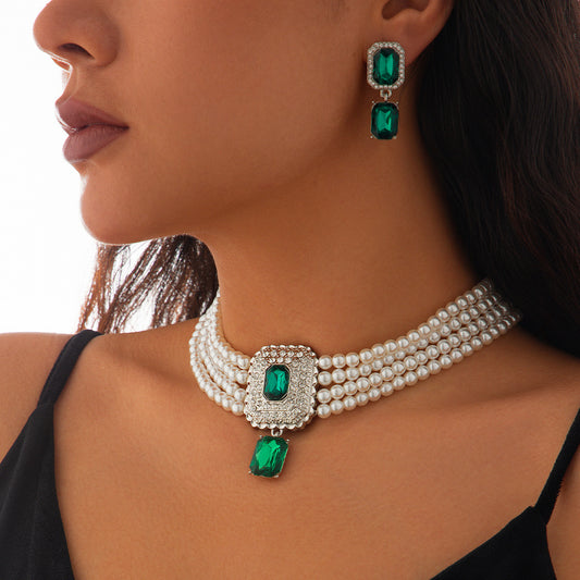Retro square full diamond gemstone imitation pearl necklace