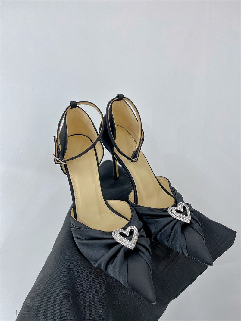 Bow high heels, rhinestone heart strap sandals