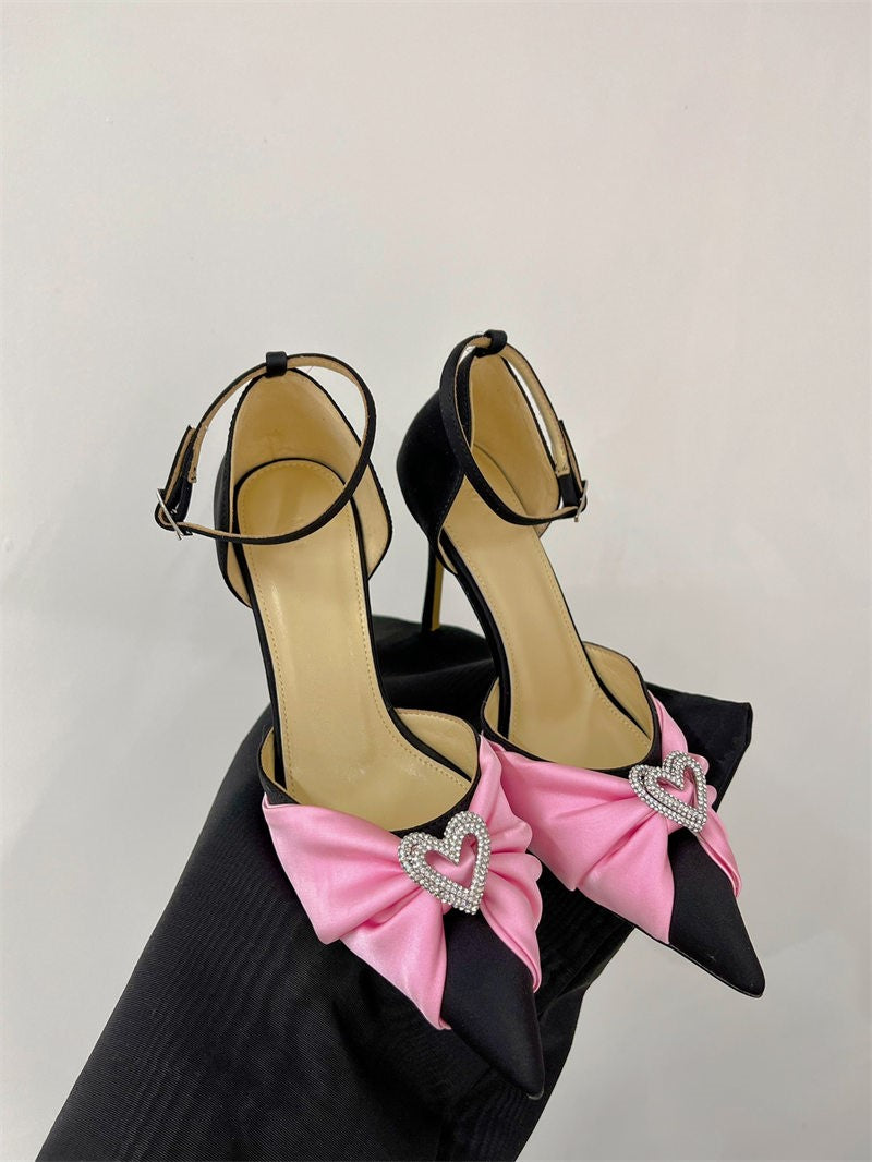 Bow high heels, rhinestone heart strap sandals
