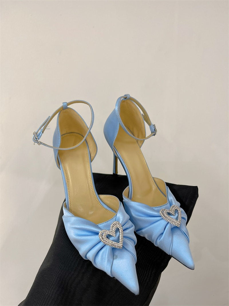 Bow high heels, rhinestone heart strap sandals