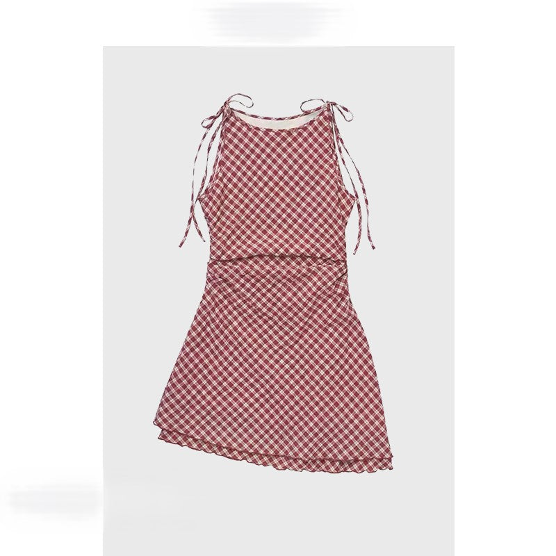 Red plaid suspender dress