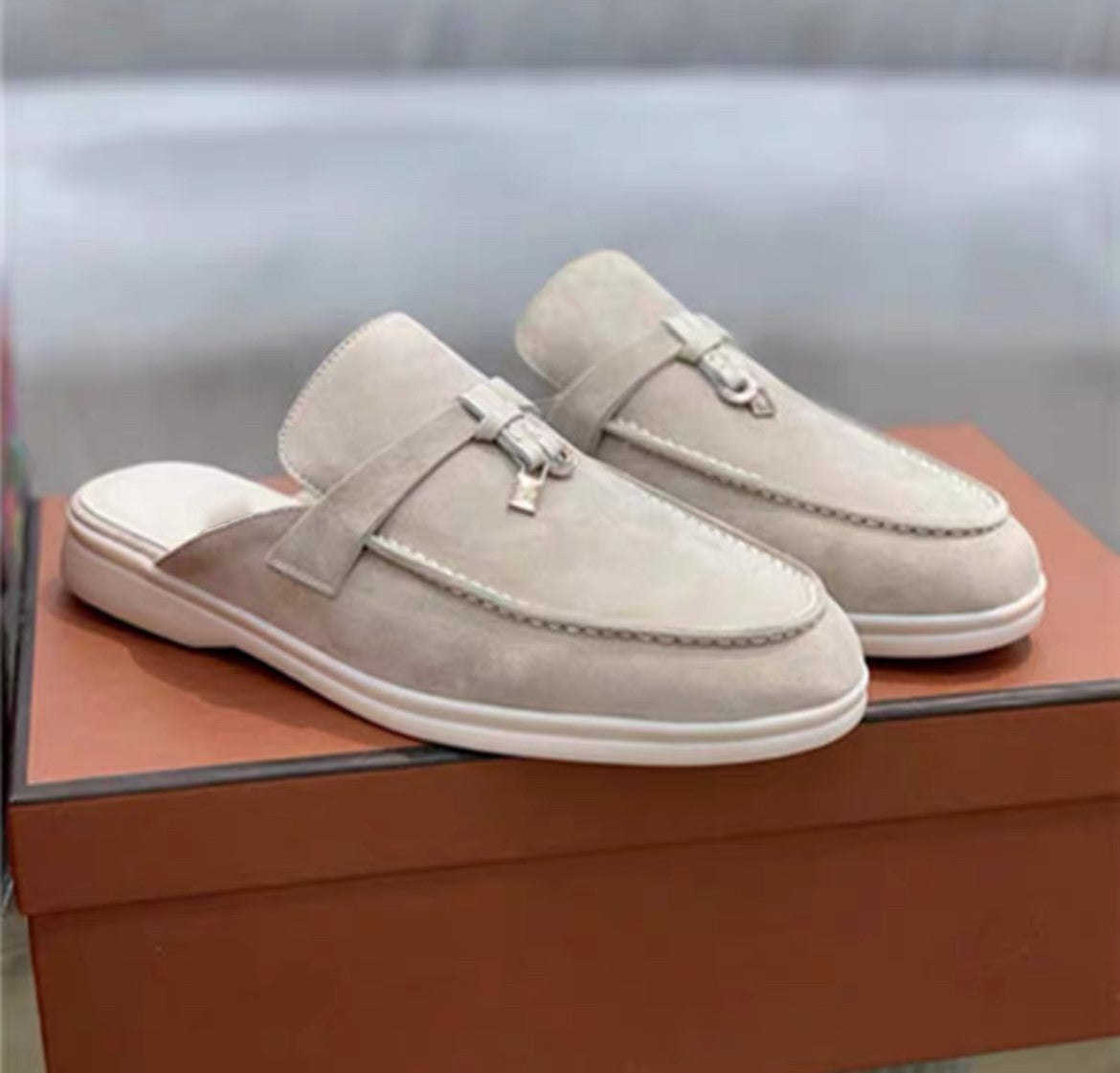 Genuine leather flat casual half-slipper loafers