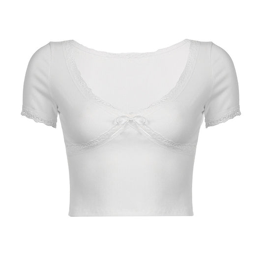 V-neck lace stitching bow short T-shirt