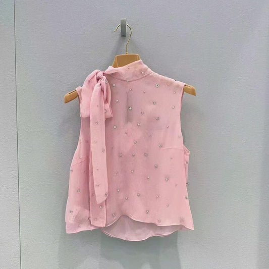 Sweet pink heavy duty rhinestone lace-up sleeveless tank top