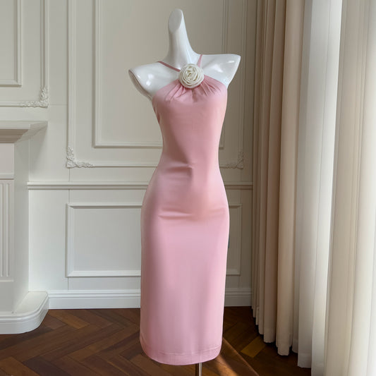 Backless Pink Party Dress Hip Satin Dress