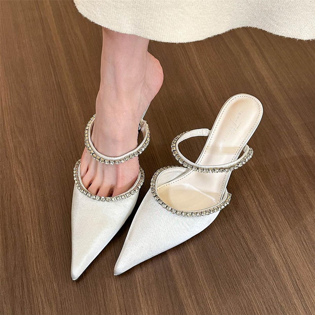 Women's rhinestone shallow toe pointed toe stiletto heel half slippers