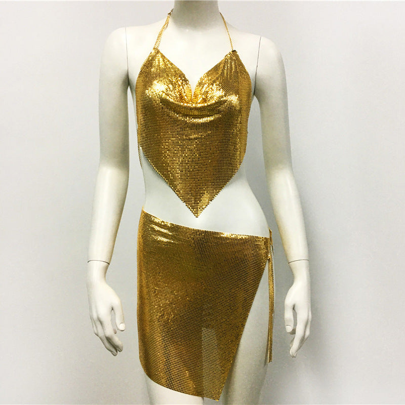 Women's metal sequin suspender skirt set dress metal top min