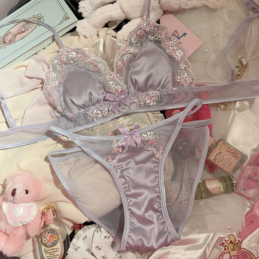 Purple embroidered light luxury silk sexy pure lust lace bra set