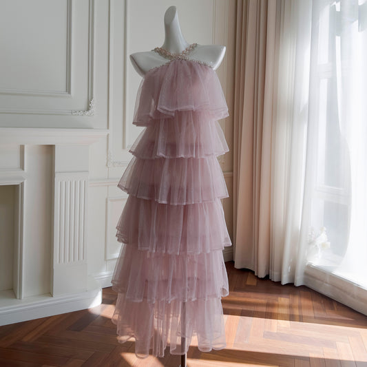 Pink Mesh Gold Stamping Suspender Cake Skirt Birthday Party Dress