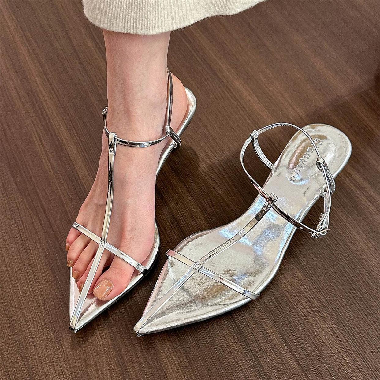 Medium heel sandals silver versatile summer pointed toe shoes