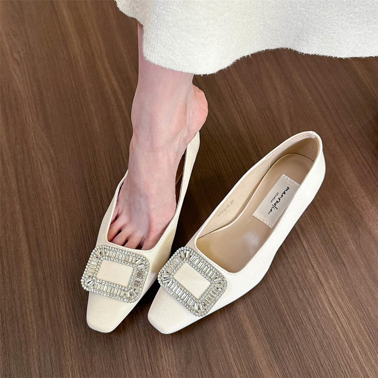 Square toe rhinestone shallow heel shoes