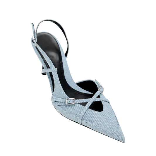 Blue temperament French pointed toe high-heeled mules