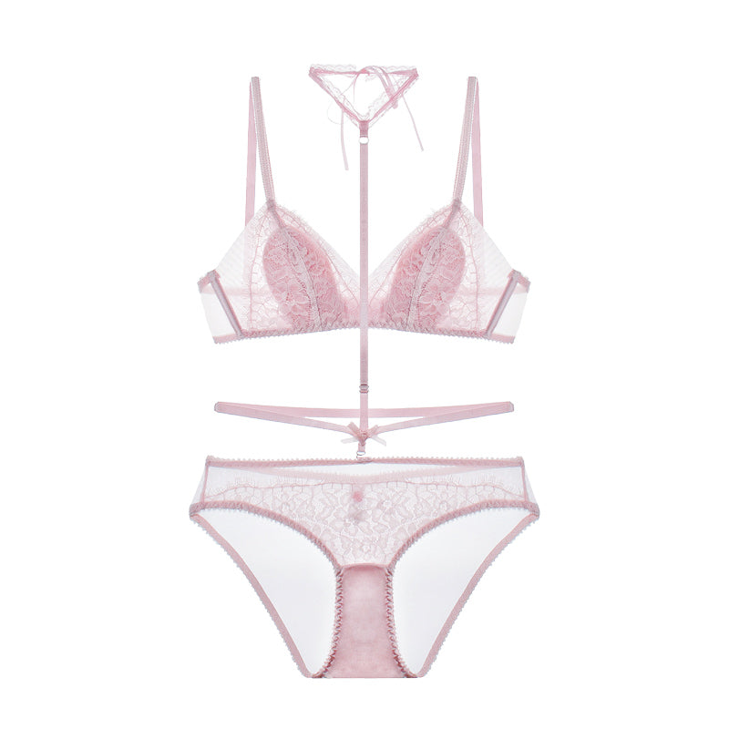 Pink lace cute sexy bow halter neck strap underwear set