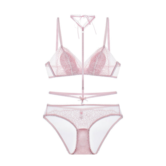 Pink lace cute sexy bow halter neck strap underwear set