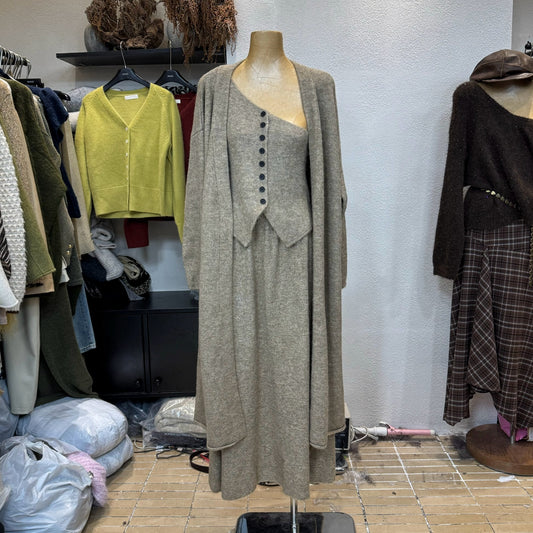 Wool off-shoulder cardigan sweater + skirt three-piece set