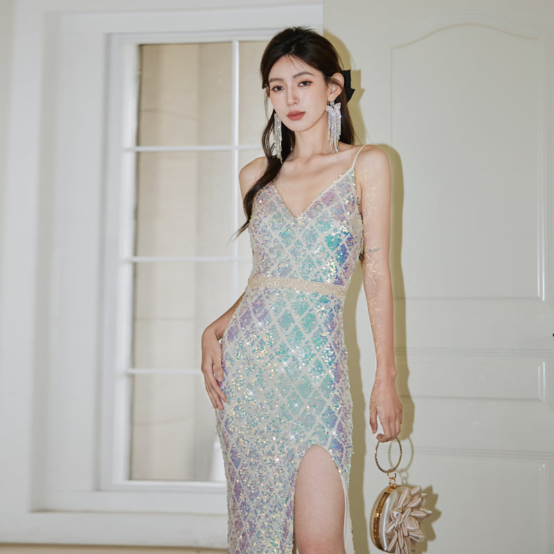Aurora Symphony Sequin Party Dress Advanced Waist Slit Sling Dress