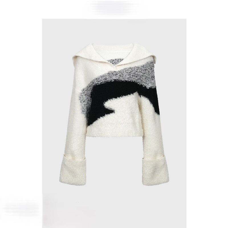 Large lapel contrast color knitted sweater design niche