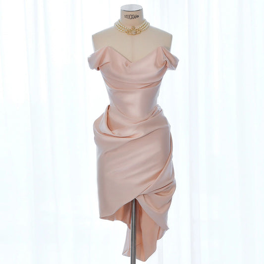 One shoulder French pink evening dress