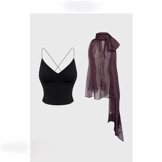 French halter top with black camisole two-piece set
