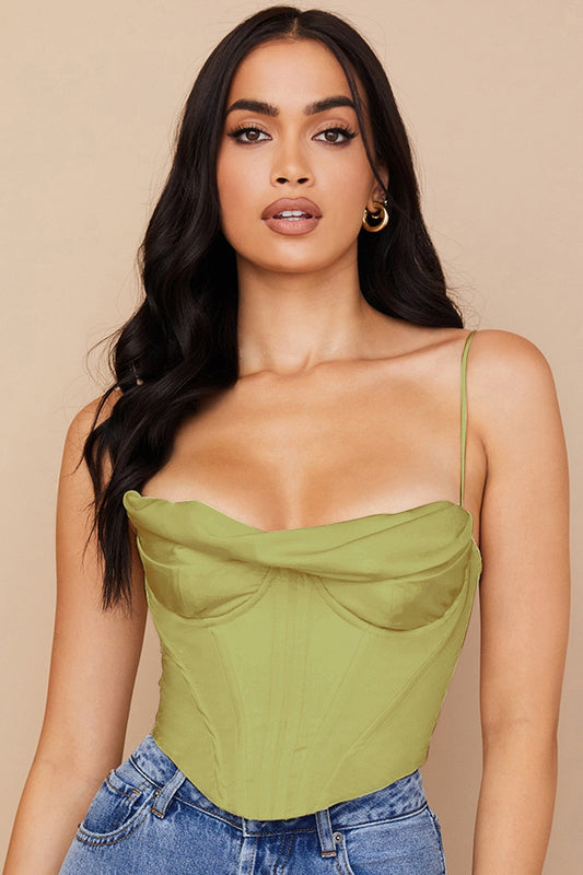 Satin herringbone corset top with pleated design