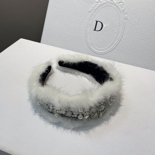 Mink fur wide-brim pressed plush diamond-encrusted headband