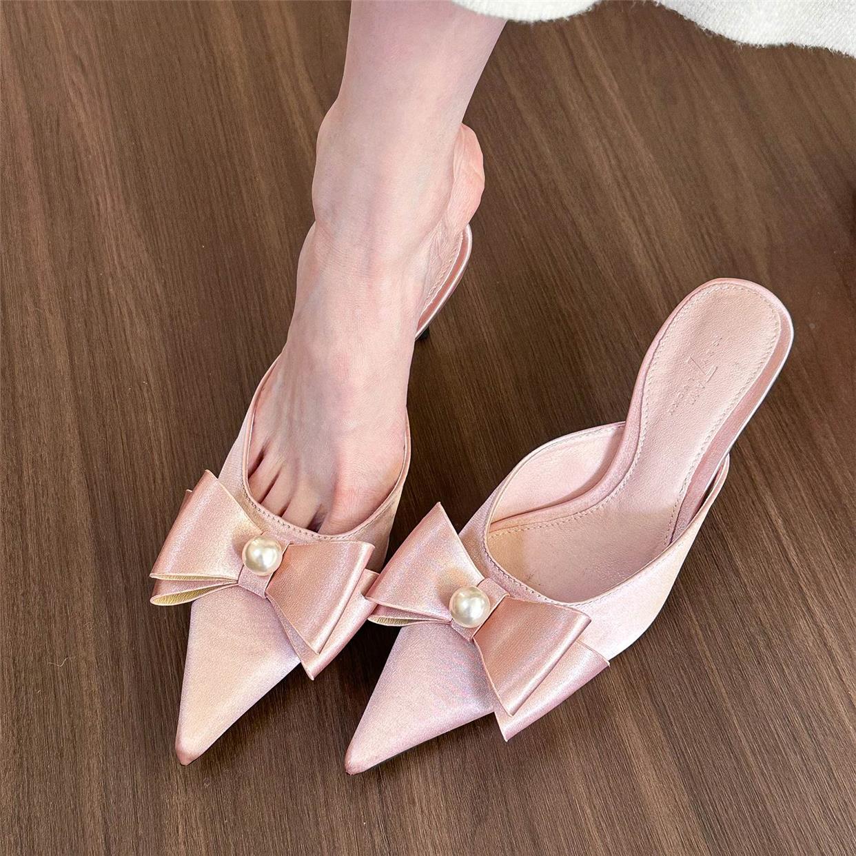 Pointed toe pearl bow pumps