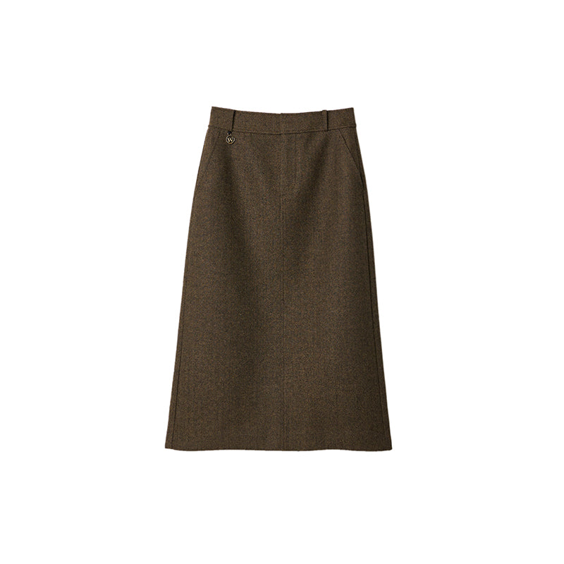 Retro floral brown herringbone wool skirt shows high-profile silhouette