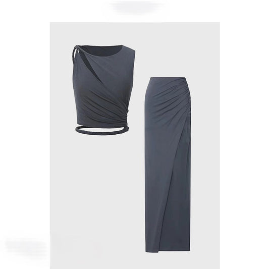 Gray top + long skirt set