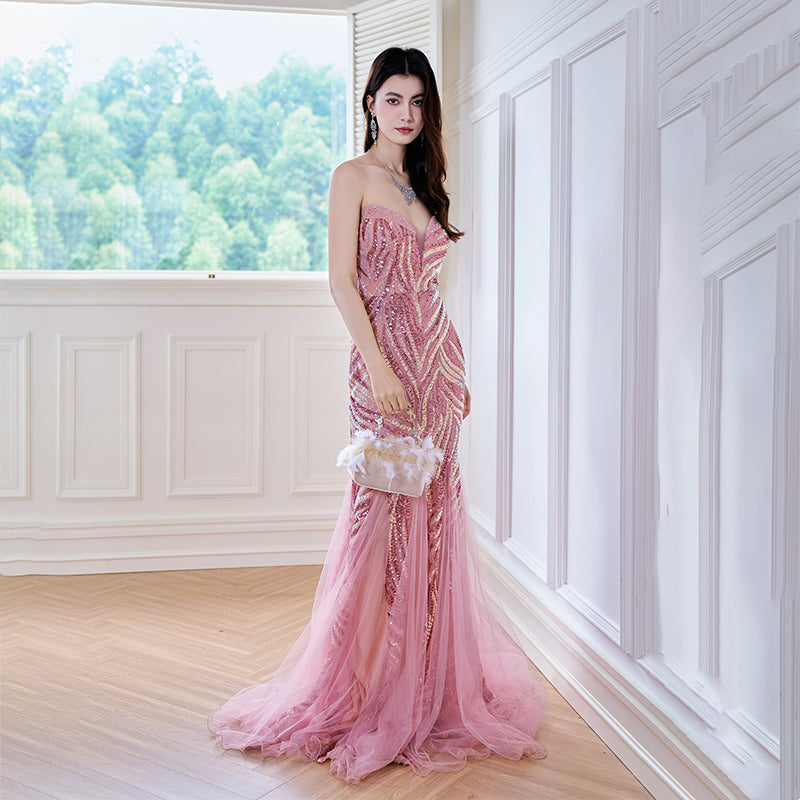 Heavy industry tube top, high-definition beaded sequins, long banquet host bride's toast dress, birthday evening dress