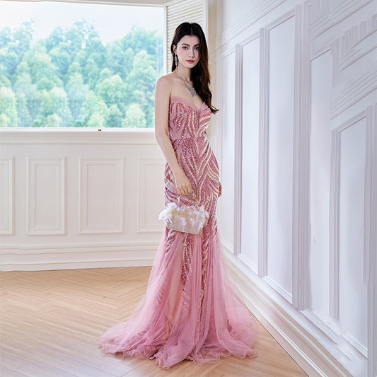 Heavy industry tube top, high-definition beaded sequins, long banquet host bride's toast dress, birthday evening dress