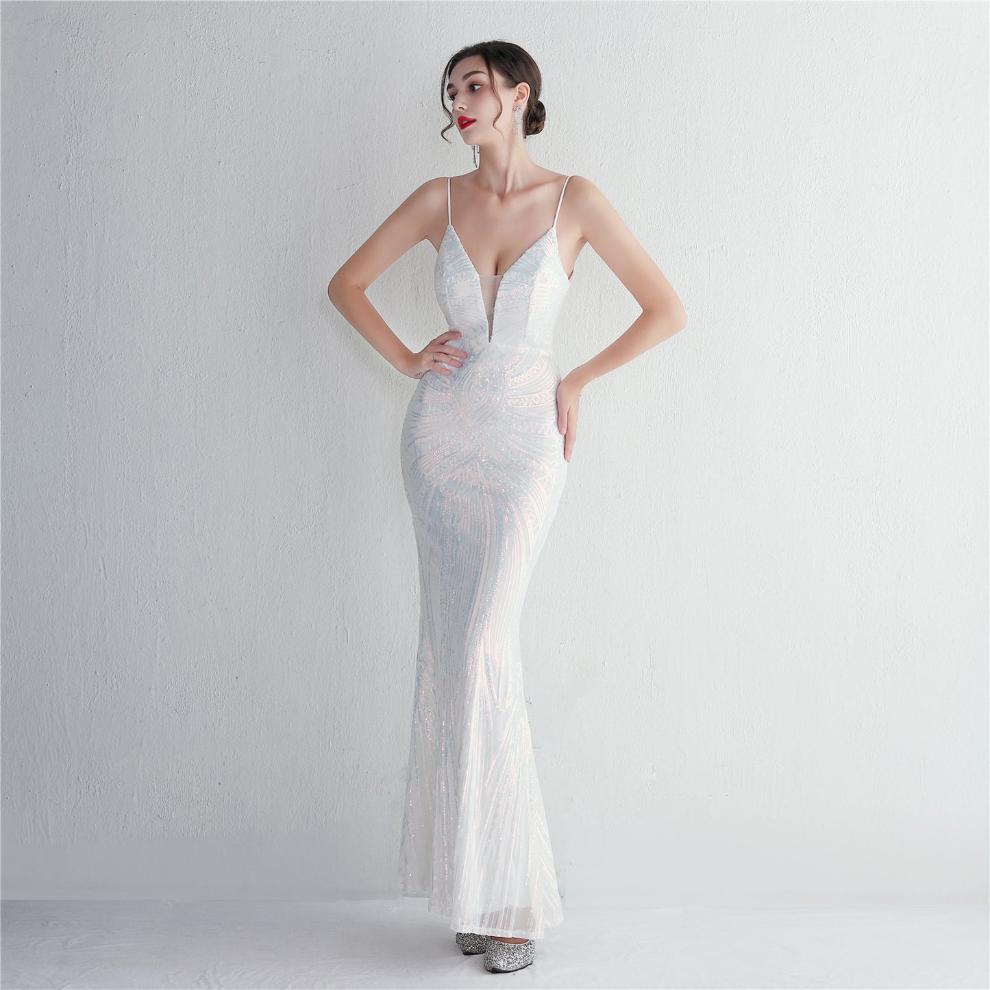 Sequined fishtail long evening dress