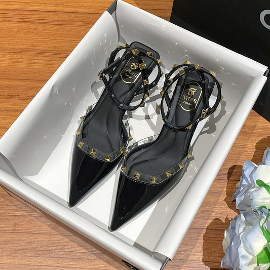 Studded stiletto elegant pointed toe transparent French patent leather high heels