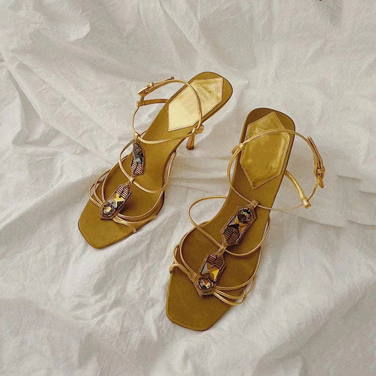 Vintage Egyptian gold rhinestone high heel sandals