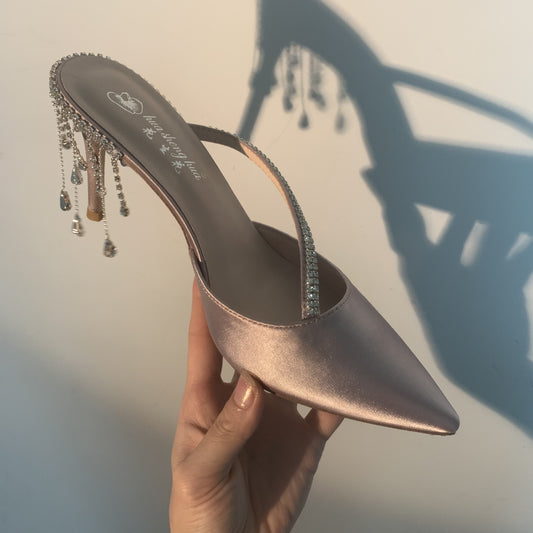 Pointed rhinestone stiletto heel champagne color sandals