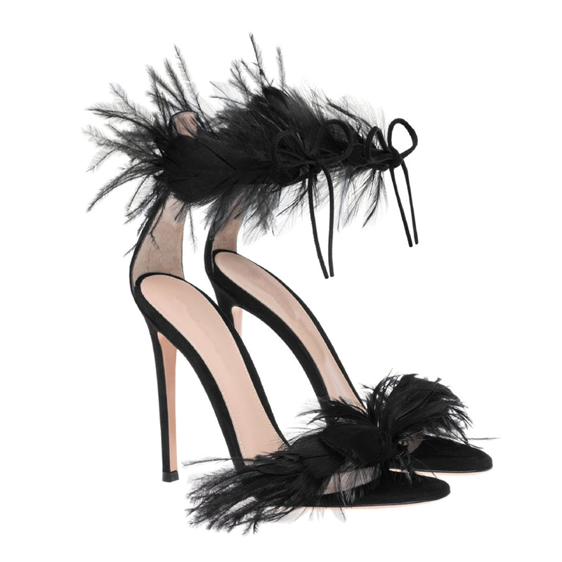 Feather stiletto heel hollow sexy strappy sandals