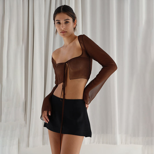 Bell sleeve cardigan short see-through top