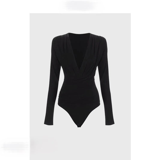 Black jumpsuit American style sexy V-neck bottoming shirt
