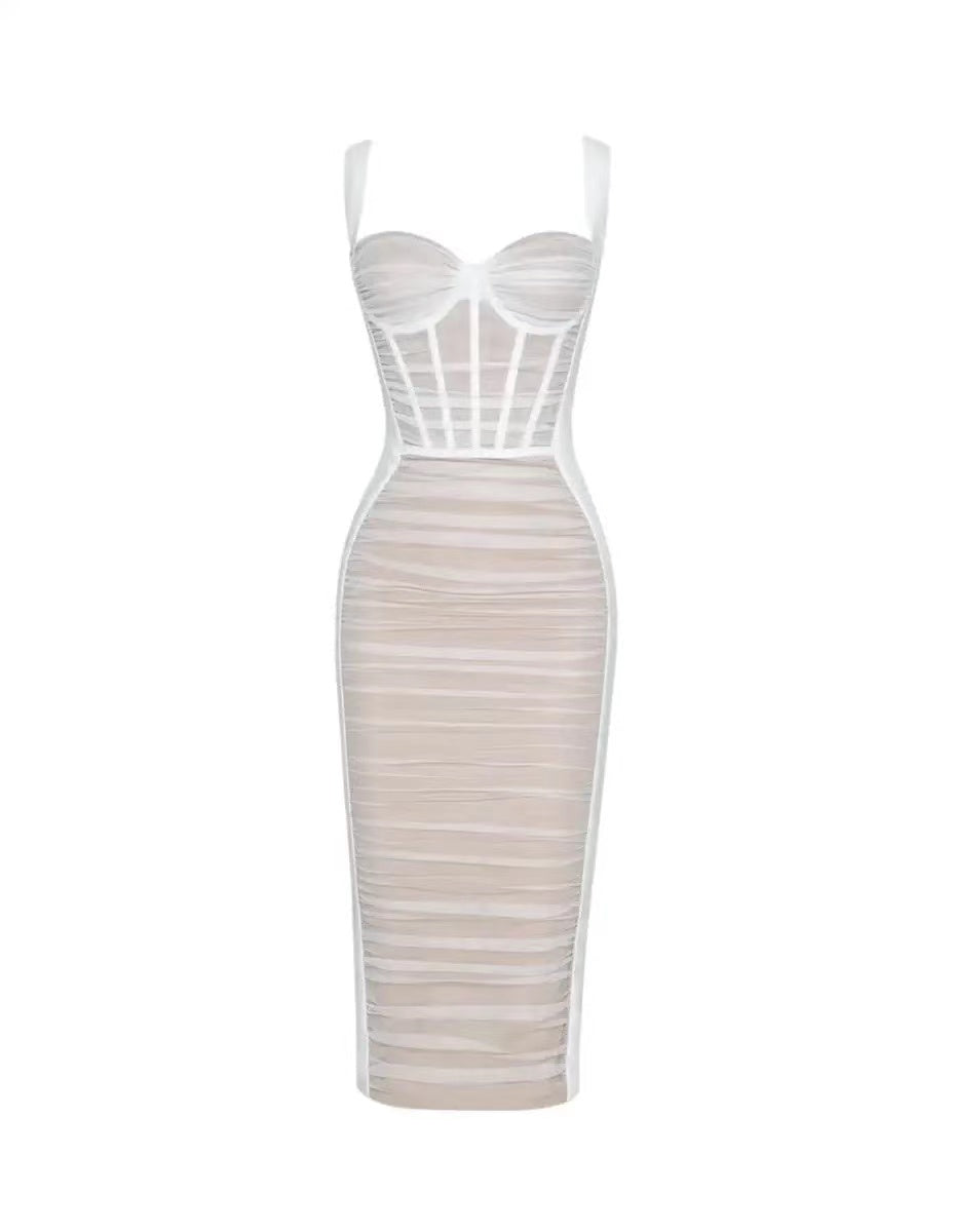 FISHBONE CORSET PLEATED DRESS WITH SUSPENDER BELT ANNUAL MEETING DINNER DRESS