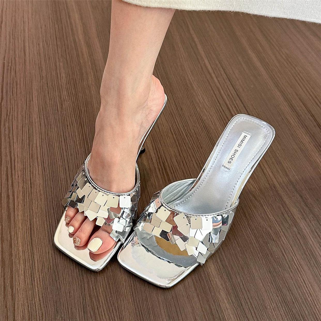 Sequined high-heeled sandals, open-toe stiletto mules