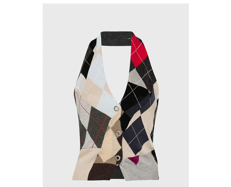 Spliced plaid halter neck strap