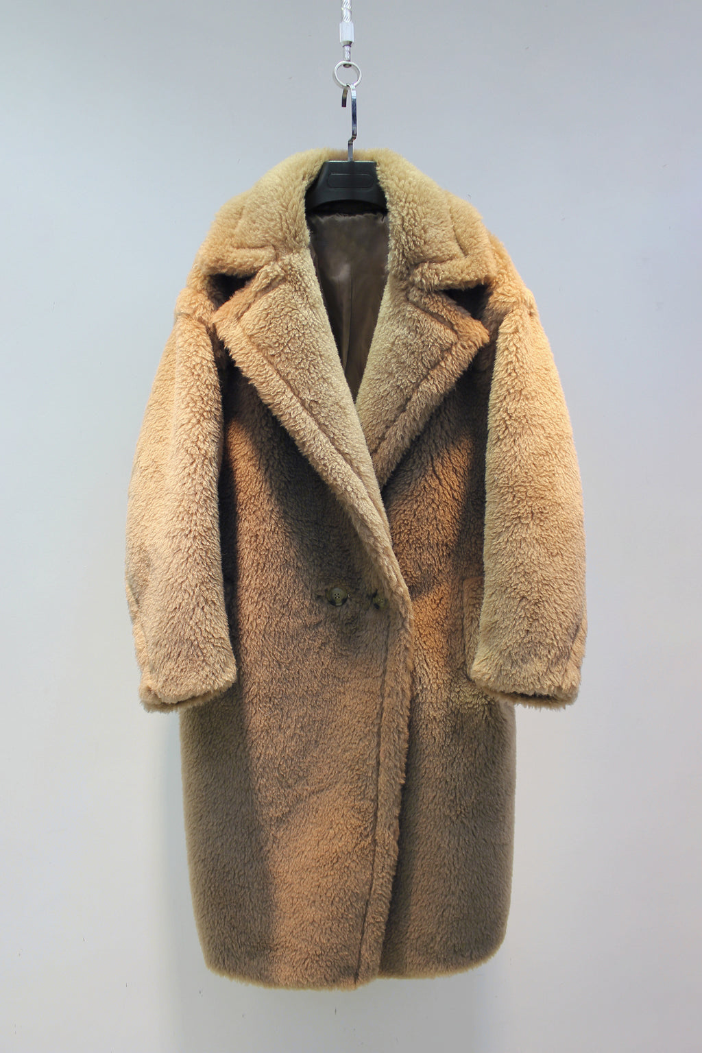 Grained wool shearling loose fit teddy coat mid-length